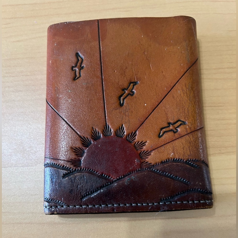 Handcrafted Leather Weather Wallet with Sun and Birds Design